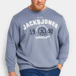 JACK & JONES Big & Tall Grey '1990' Logo Print Sweatshirt
