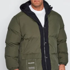 RELIGION Big & Tall Black & Khaki Green Reversible Parka Coat