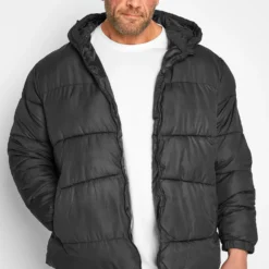 JACK & JONES Big & Tall Black Hooded Puffer Coat