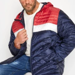 JACK & JONES Big & Tall Navy Blue Colour Block Quilted Puffer Coat