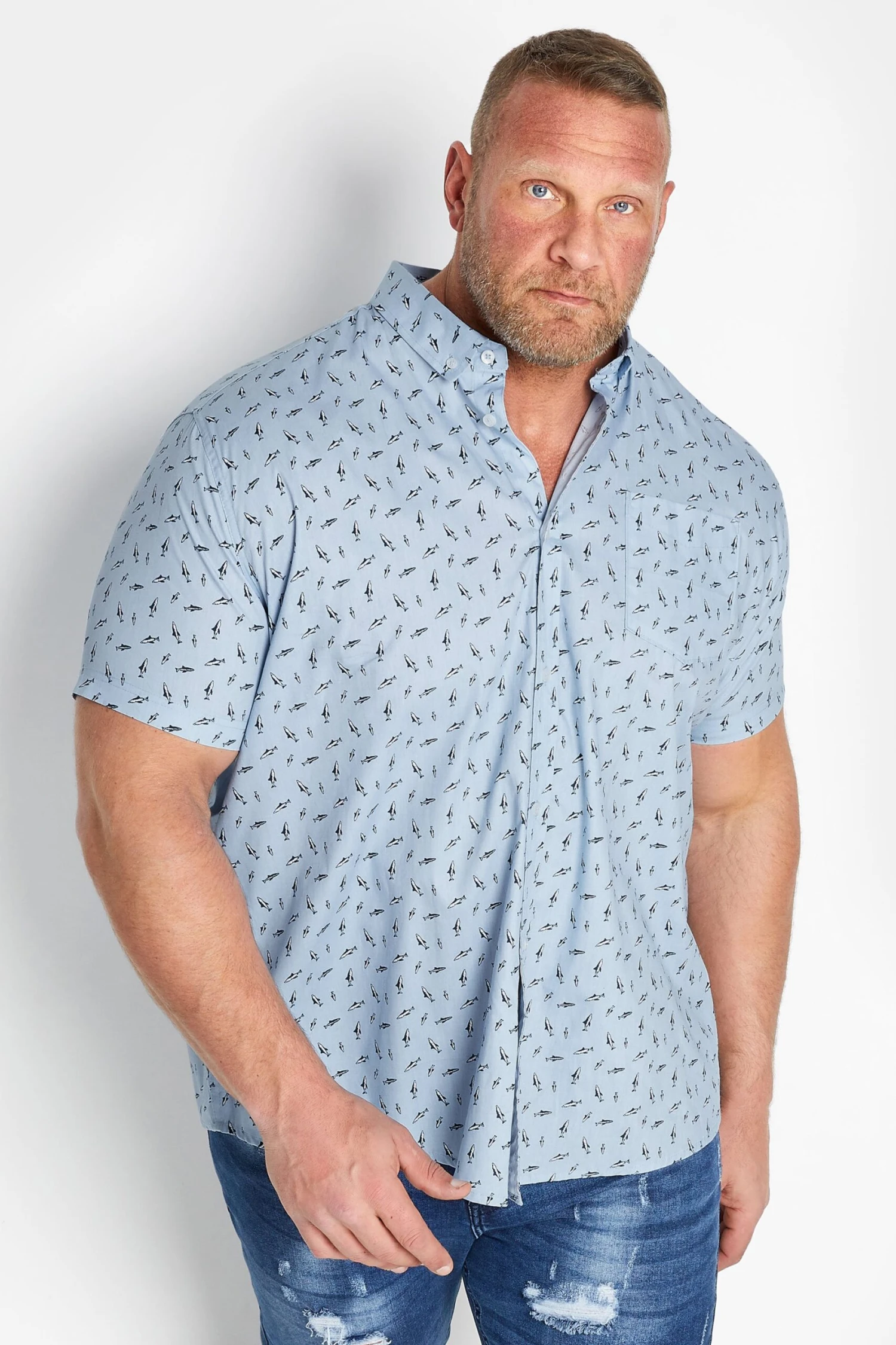 BadRhino Big & Tall Light Blue Shark Print Short Sleeve Shirt