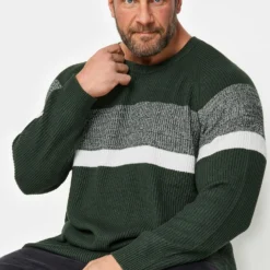 JACK & JONES Big & Tall Green Stripe Crew Knit Jumper