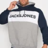 JACK & JONES Big & Tall Navy Blue & Grey Colour Block Logo Hoodie
