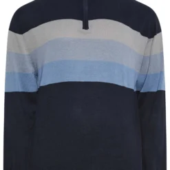 KAM Big & Tall Navy Blue Half Zip Stripe Knitted Jumper