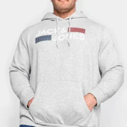JACK & JONES Big & Tall Grey Logo Print Hoodie