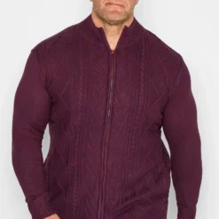 KAM Big & Tall Burgundy Full Zip Cable Knitted Cardigan