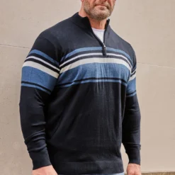 BadRhino Big & Tall Navy Blue Stripe Quarter Zip Knitted Jumper