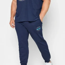 JACK & JONES Big & Tall Navy Blue Logo Print Cuffed Joggers