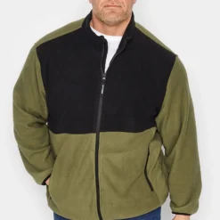 JACK & JONES Big & Tall Olive Green Panel Zip Fleece Jacket