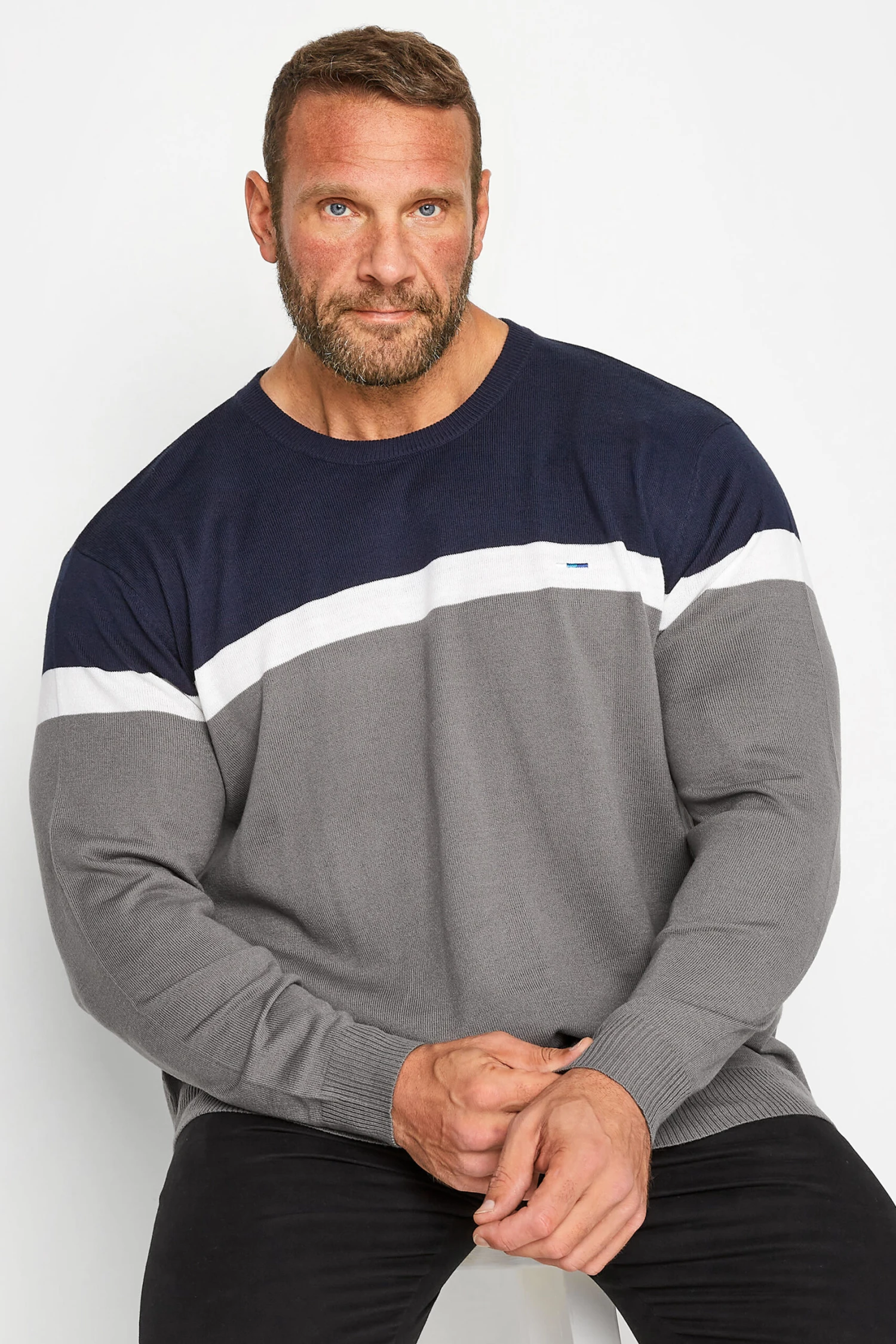 BadRhino Big & Tall Charcoal Grey Colour Block Knitted Jumper