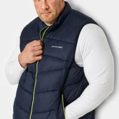 JACK & JONES Big & Tall Navy Blue & Yellow '90' Logo Print Gilet