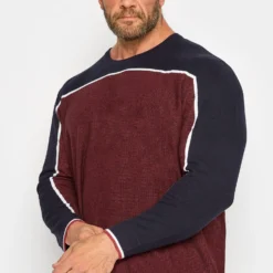 JACK & JONES Big & Tall Burgundy Red/Navy Blue Colour Block Knitted Jumper