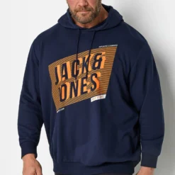 JACK & JONES Big & Tall Navy Blue Diagonal Logo Print Hoodie