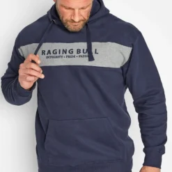 RAGING BULL Big & Tall Navy Blue Colour Block Logo Hoodie