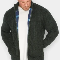 KAM Big & Tall Green Cable Knit Lined Cardigan